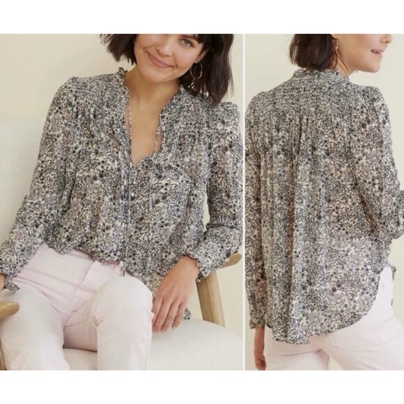 Free People Ditsy Floral Smocked Blouse Sz S Ruffle Tie Neck Boho Office Chic - Picture 12 of 12